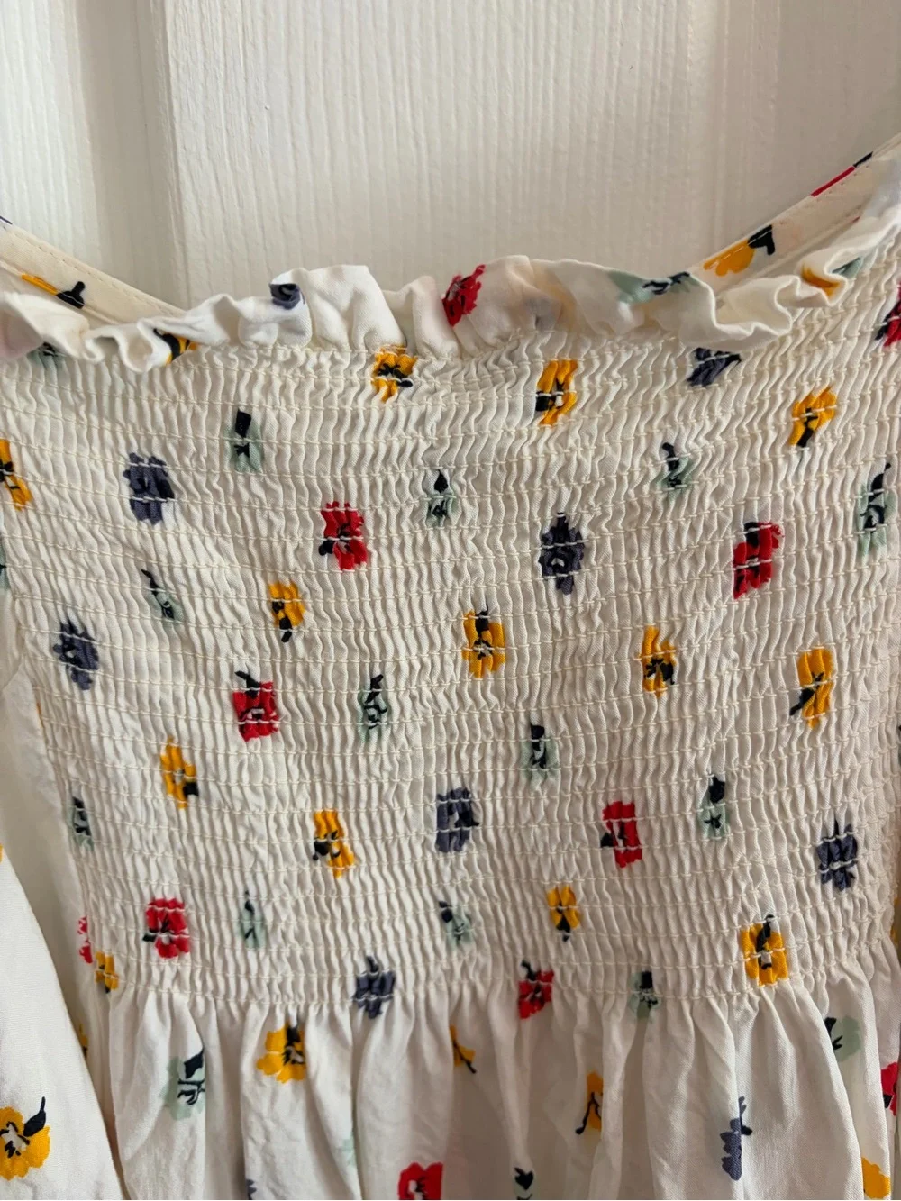 Madewell White & Floral Smocked Button Down Puff Sleeve Top - Size L